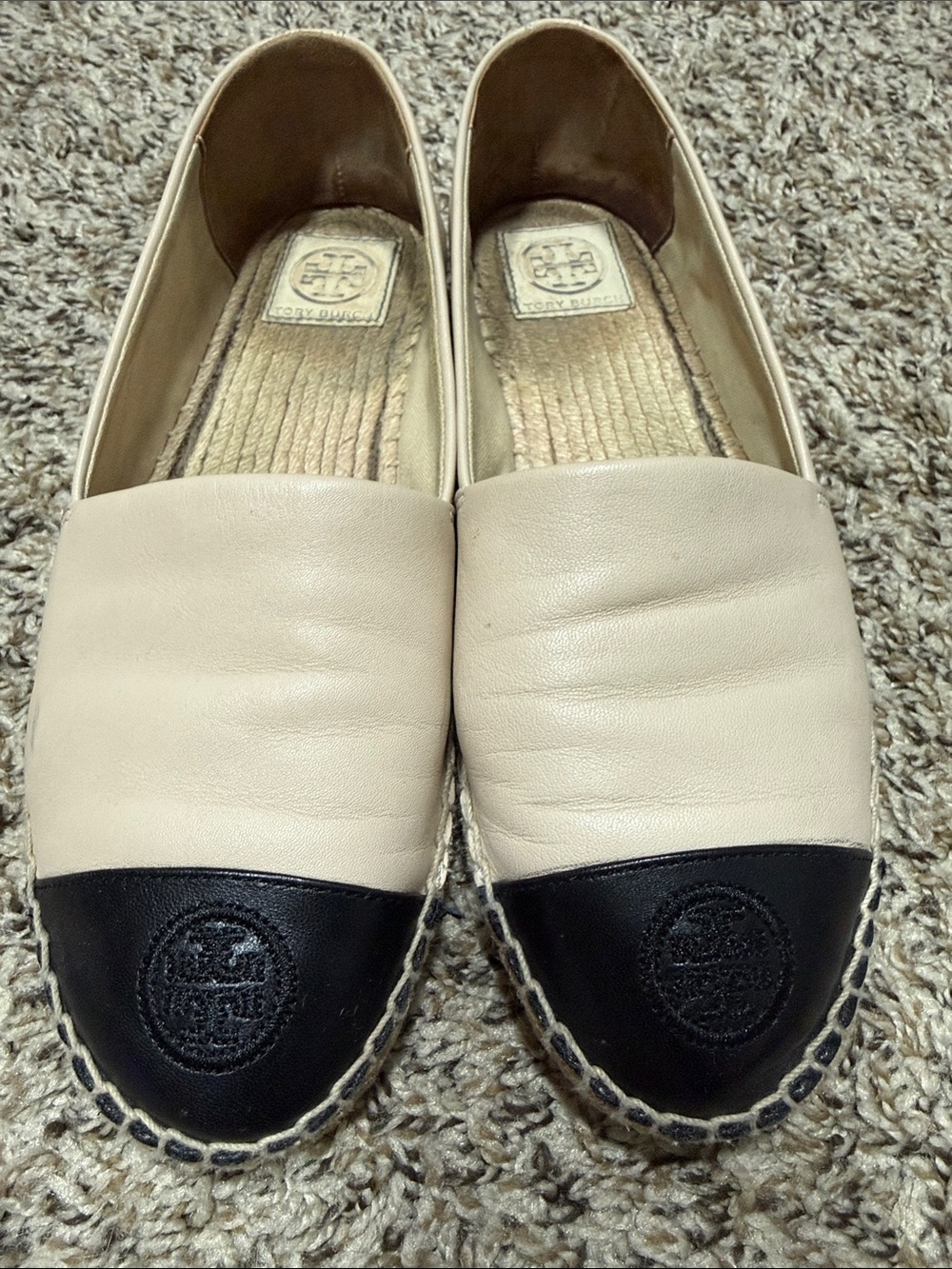 Tory Burch Two-Tone Leather Espadrilles in Cream and Black